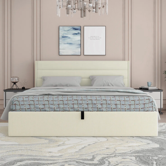 Elegant Hydraulic Lift Upholstered Storage Bed with Wingback Headboard, Velvet Fabric, Button-Tufted Detailing, and Ample Under-Bed Storage for Bedding and Seasonal Items