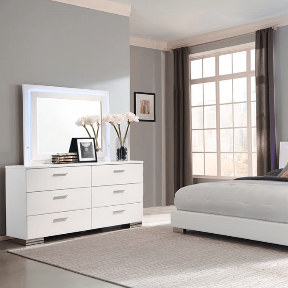 Modern 4-Piece Queen Bedroom Set in White High Gloss with LED Lighting, Touch-Activated Headboard, and Sleek Chrome Accents