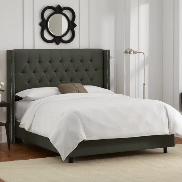Timeless Upholstered Wingback King Size Bed with Button Tufting and Nailhead Trim