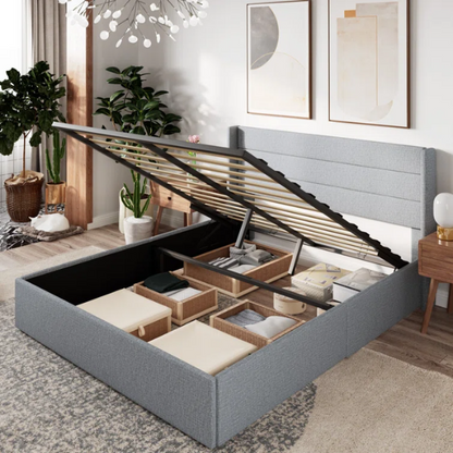 Luxurious Linen Upholstered Hydraulic Lift-Up Storage Platform Bed – Full/Double Size with Sleek Design & Maximized Space