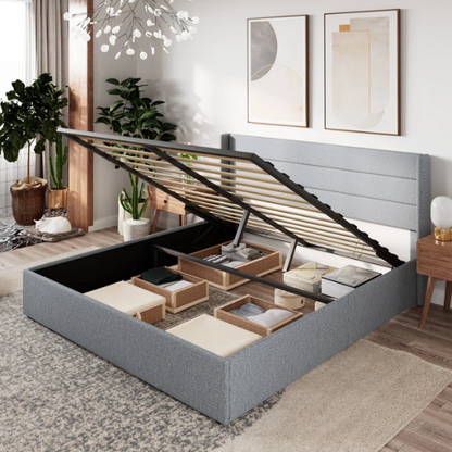 Modern King Size Upholstered Platform Bed with Hydraulic Lift Storage – Sleek Grooved Headboard, Space-Saving Design, and No Box Spring Needed