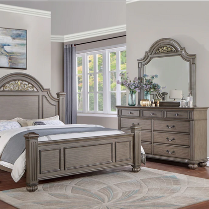 Traditional Wood 3-Piece Poster Bedroom Set with USB Chargers – Elegant Beaded Trim, Reeded Posts, and Felt-Lined Drawers