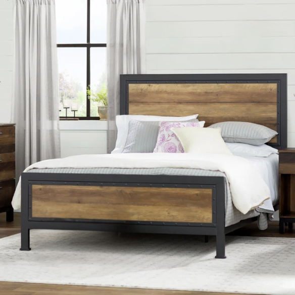 Rustic Industrial Queen Size Bed with Wood-Look Center – Sturdy and Stylish Design