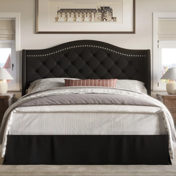 Elegant King Size Upholstered Platform Bed with Arched Camelback Headboard – Nailhead Trim, Diamond Tufting, and Foam Cushioning for Ultimate Comfort