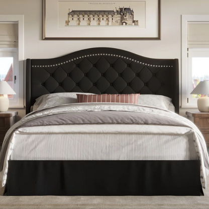 Elegant King Size Upholstered Platform Bed with Arched Camelback Headboard – Nailhead Trim, Diamond Tufting, and Foam Cushioning for Ultimate Comfort