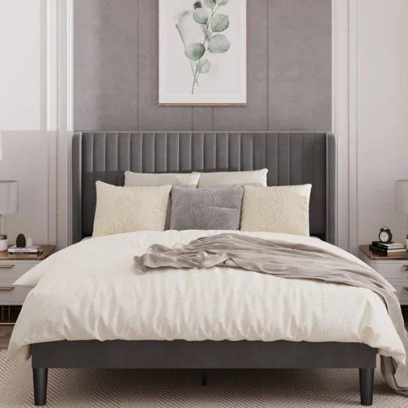 King Size Upholstered Platform Bed with Wingback Headboard – Simple, Elegant Design, Sturdy Wooden Slats, No Box Spring Needed for a Luxurious Sleep Experience