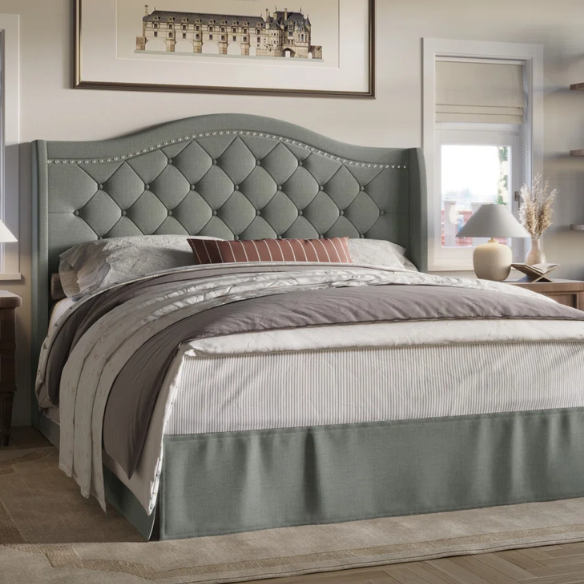 Elegant King Size Upholstered Platform Bed with Arched Camelback Headboard – Nailhead Trim, Diamond Tufting, and Foam Cushioning for Ultimate Comfort