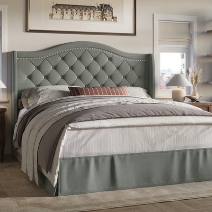 Elegant King Size Upholstered Platform Bed with Arched Camelback Headboard – Nailhead Trim, Diamond Tufting, and Foam Cushioning for Ultimate Comfort