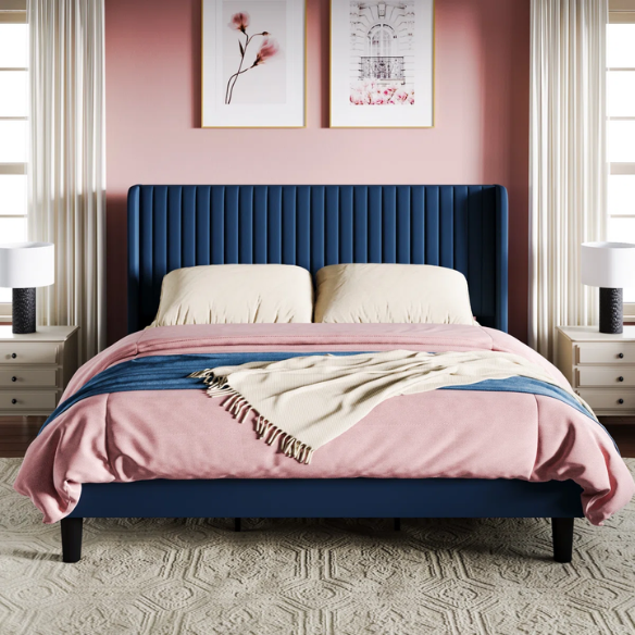 Luxurious King Size Upholstered Velvet Platform Bed with Modern Wingback Headboard – Heavy-Duty Steel Frame, No Box Spring Needed, and Ample Under-Bed Storage