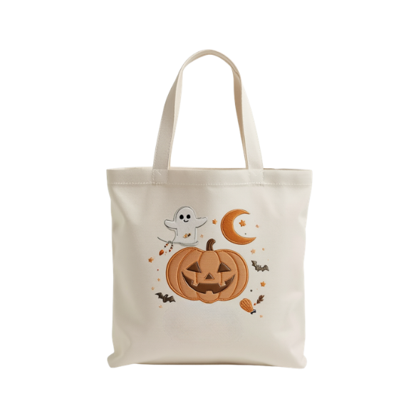Embroidered Halloween Canvas Tote Bag with Pumpkin, Ghost & Moon Design