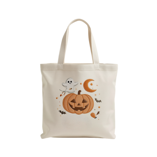 Embroidered Halloween Canvas Tote Bag with Pumpkin, Ghost & Moon Design