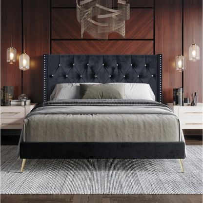 Luxurious King Size Upholstered Wingback Bed with Velvet Upholstery – Elegant Diamond Tufting, Nailhead Trim, Gold-Finished Feet, and Foam-Padded Headboard for Ultimate Comfort and Style