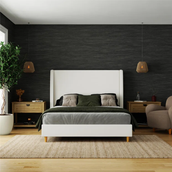 Luxurious Queen Size Upholstered Wingback Bed in Soft Linen Fabric