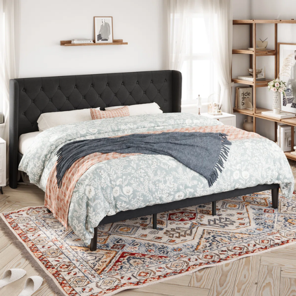 Luxurious King Size Upholstered Wingback Platform Bed with Button-Tufted Linen Fabric – Sturdy Wood Frame, High-Density Foam, and Ample Under-Bed Storage for a Stylish, Safe, and Comfortable Bedroom