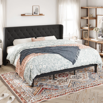 Luxurious King Size Upholstered Wingback Platform Bed with Button-Tufted Linen Fabric – Sturdy Wood Frame, High-Density Foam, and Ample Under-Bed Storage for a Stylish, Safe, and Comfortable Bedroom