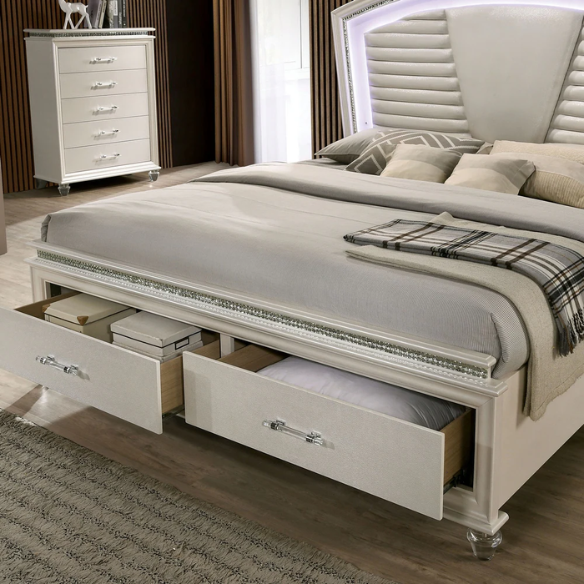2-Piece Glam White Solid Wood Platform Bedroom Set with LED Lighting & Crystal Accents