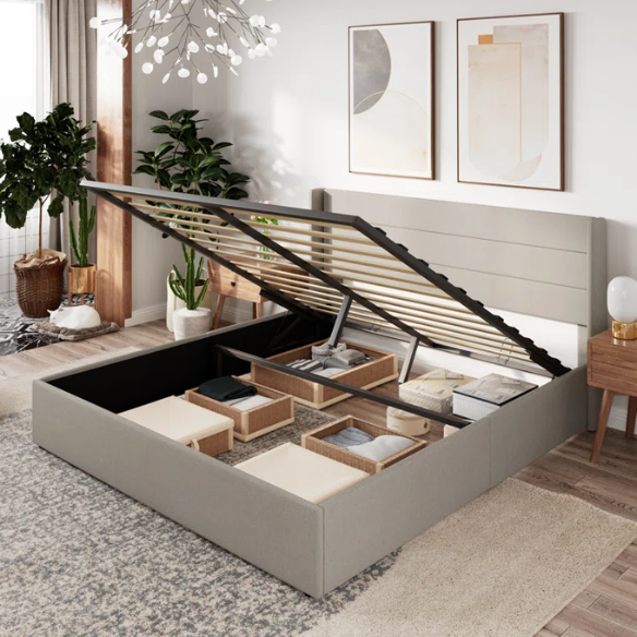 Modern King Size Upholstered Platform Bed with Hydraulic Lift Storage – Sleek Grooved Headboard, Space-Saving Design, and No Box Spring Needed