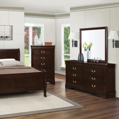 5-Piece Bedroom Set – Traditional Style with Flared Headboard, Dovetail Construction, Silver Bail Handles, and Spacious Storage – Crafted from Select Hardwoods and Veneers in a Warm Cappuccino Finish – Includes Bed, Nightstand, Dresser, Chest, and Mirror