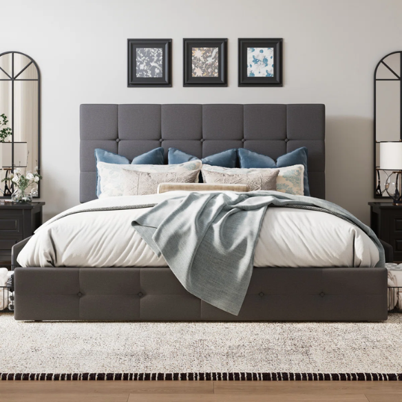 King Size Upholstered Platform Bed with Storage Drawers, Padded Headboard, and Sophisticated Button Tufting