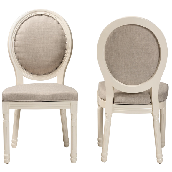 Upholstered Faux Leather Nailhead Dining Chair with Carved Wood Legs – Gray and White