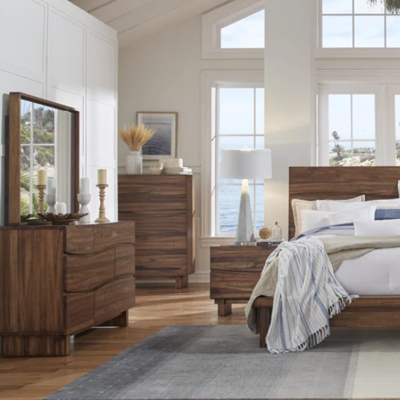 Boho-Inspired Configurable Bedroom Set with Bold Design, Solid Wood Construction, and Wavy Accents - Includes Platform Bed, Nightstand, and 6-Drawer Dresser in Rich Brown Finish