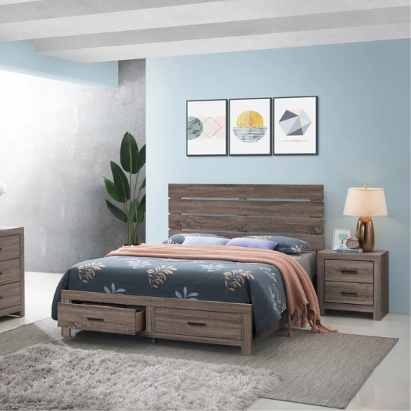 Rustic Charm 4-Piece Platform Queen Bedroom Set – Includes Bed, Nightstand, Dresser, and Mirror with Spacious Storage and Dark Bronze Pull Handles