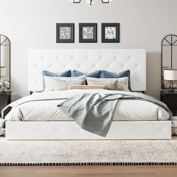 King Size Upholstered Platform Bed with Storage Drawers, Padded Headboard, and Sophisticated Button Tufting