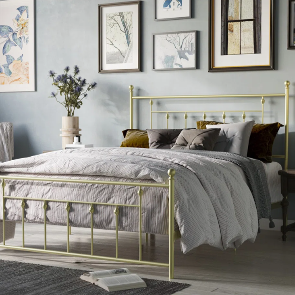 King Size Metal Open-Frame Platform Bed with Spindle Accents, Storage Footboard, and Slat Kit – No Box Spring Needed, Ideal for Farmhouse to French Country Styles