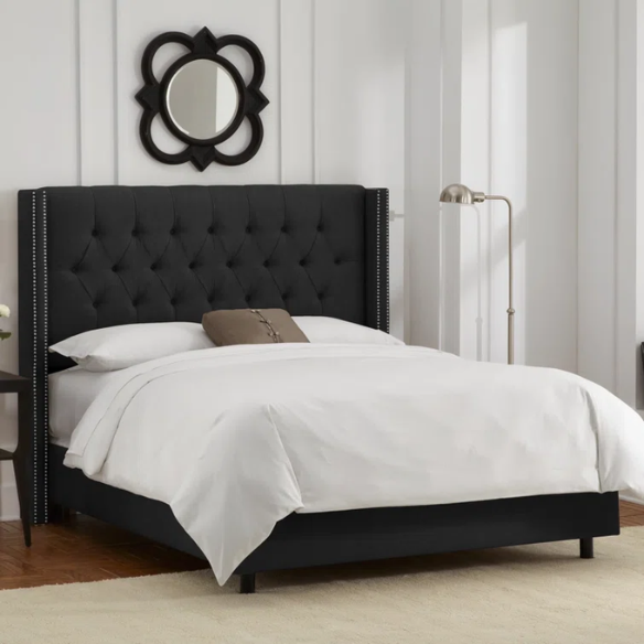 Timeless Upholstered Wingback King Size Bed with Button Tufting and Nailhead Trim