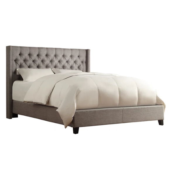 King Size Upholstered Wingback Bed with Linen Fabric, Tapered Legs, and Button Tufted Headboard