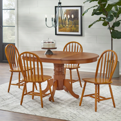Farmhouse Solid Rubberwood Dining Table with 22-Inch Extension Leaf – Pedestal Base, Seats 6, Available in Oak, Matte Black, White/Natural, Grey/Walnut Finishes