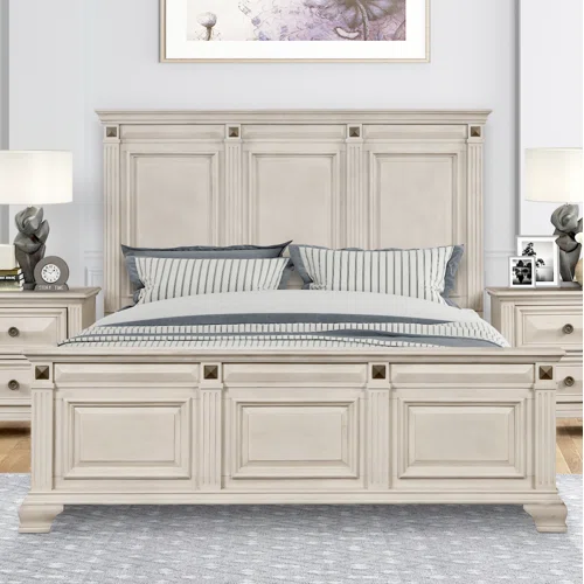 Solid Wood Panel 3-Piece Bedroom Set – Renova Distressed Parchment Wood Panel Bed with Vintage Black Finish, Muted Silver Accents, Fluted Pilasters, and French Bracket Foot Bases – Timeless Traditional Style with Raised Beveled Drawer Fronts