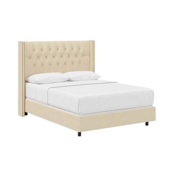 Timeless Upholstered Wingback King Size Bed with Button Tufting and Nailhead Trim