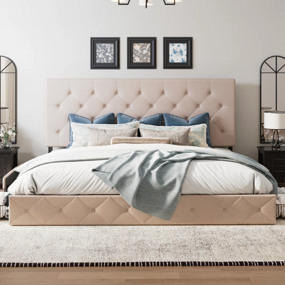 Queen Size Upholstered Platform Storage Bed with Tufted Button Accent Design