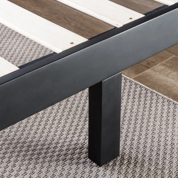 Modern Farmhouse King Size Solid Wood Platform Bed with Slat-Style Headboard and Matte Black Finish