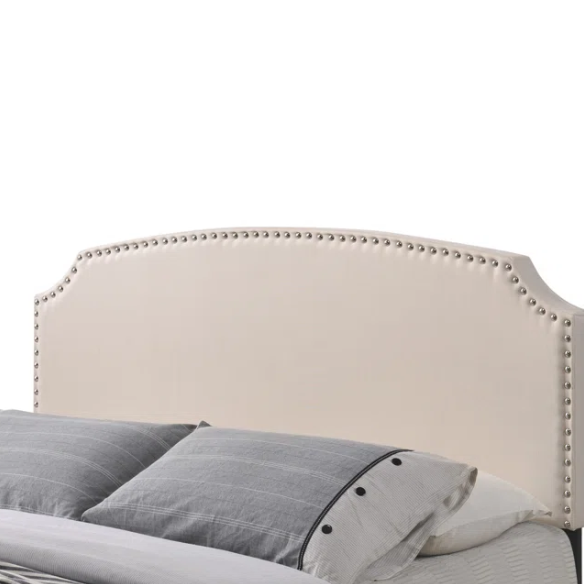 King Size Upholstered Standard Bed with Scooped Corner Headboard, Nailhead Trim, and Extra Support Feet – Classic Design with Adjustable Base Compatibility