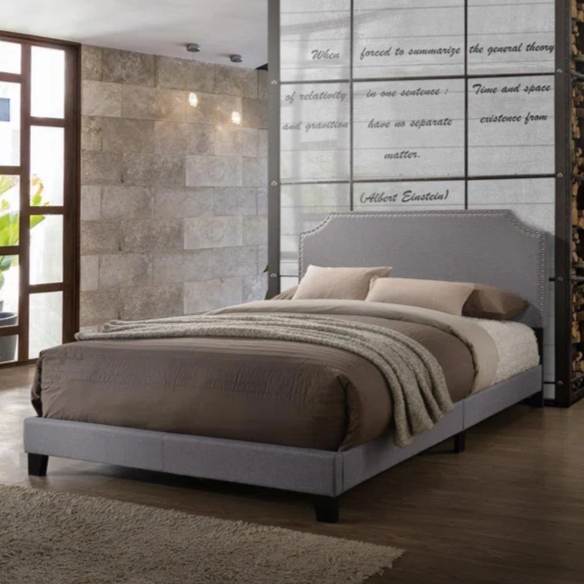 King Size Upholstered Standard Bed with Scooped Corner Headboard, Nailhead Trim, and Tapered Support Feet – Neutral Gray Polyester Fabric
