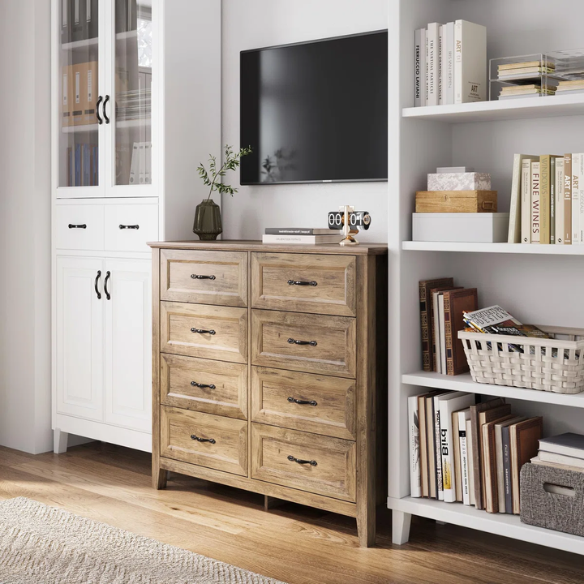 French Country-Inspired 8-Drawer 47.3" Double Dresser with Rustic Finish, Crown Molding, and Tapered Legs