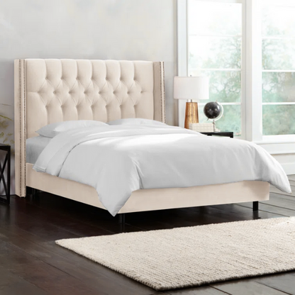 Timeless Upholstered Wingback King Size Bed with Button Tufting and Nailhead Trim