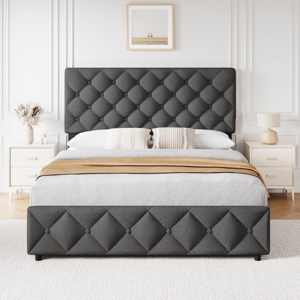 Soft Linen Fabric Upholstered Platform Bed – Double Size with Four Built-In Storage Drawers for Space-Saving & Style