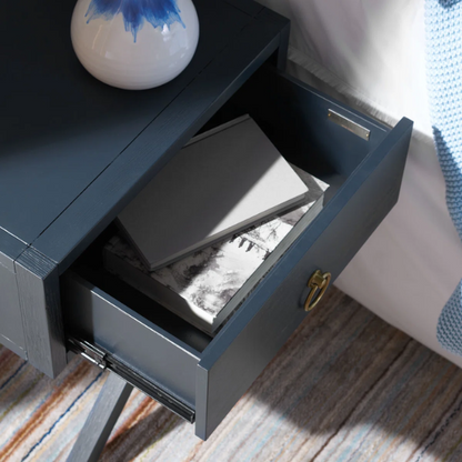1-Drawer Nightstand – Classic Campaign Style with Contemporary Chic, Acacia Wood Frame, Cross-Base Design, Bold Finish, Gold Drawer Pull, Perfect for Modern Bedrooms