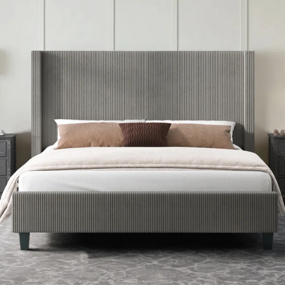 Modern King Size Corduroy Upholstered Bed with Wingback Design – Solid Wood and Metal Frame with Tapered Legs and Extra Cushioned Comfort