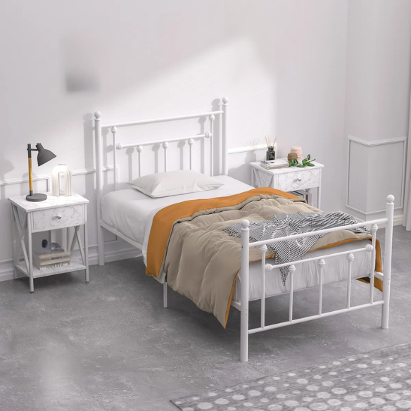Charming White Metal Platform Victorian Twin Bedroom Set: 3-Piece Collection for Timeless Elegance