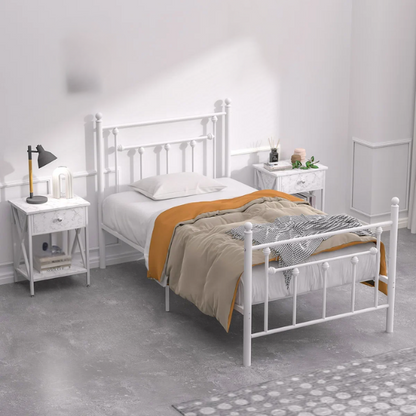 Charming White Metal Platform Victorian Twin Bedroom Set: 3-Piece Collection for Timeless Elegance