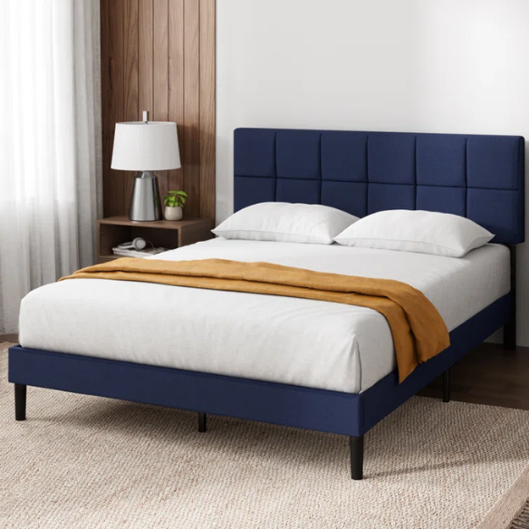 Modern King Size Upholstered Low Profile Platform Bed – Square-Tufted Headboard, Durable Steel Frame