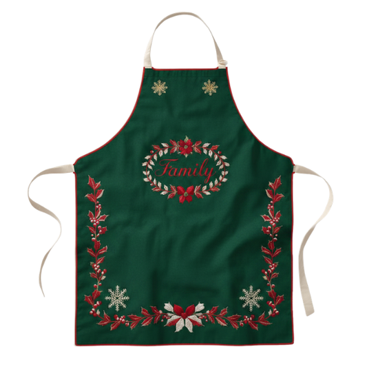 Dark Green Holiday Apron with Cream Ties and Embroidered Poinsettias