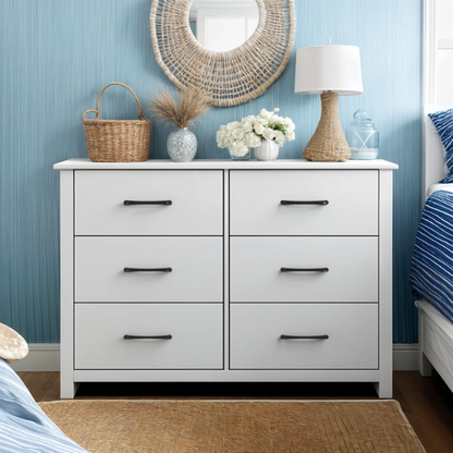 Modern 6-Drawer Double Dresser with Flared Feet and Sleek Black Metal Handles