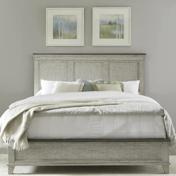 Farmhouse-Inspired Queen Bedroom Set  Panel Bed, Dresser, Mirror, and Nightstand with Built-in Charging Station