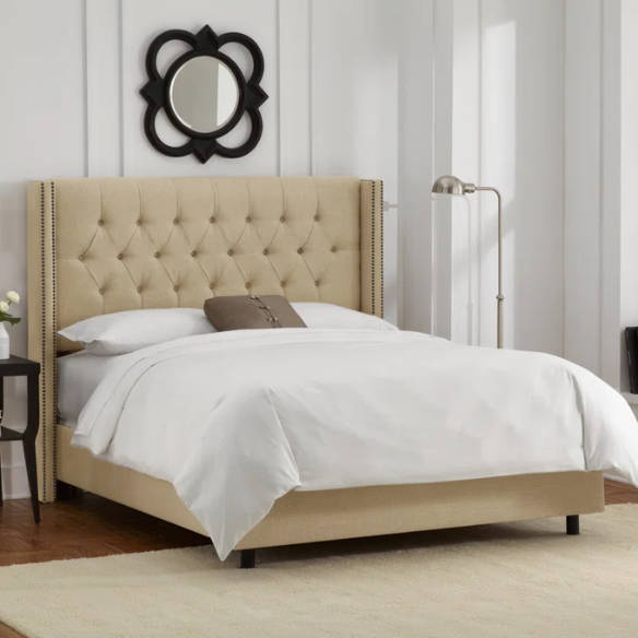 Timeless Upholstered Wingback King Size Bed with Button Tufting and Nailhead Trim