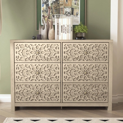 Boho-Inspired 45.4" 6-Drawer Dresser with Distressed Finish and Openwork Floral Details
